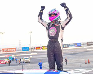 Trevor huddleston finally took home the checkered flag in the arca menards series west at his home track of irwindale speedway.