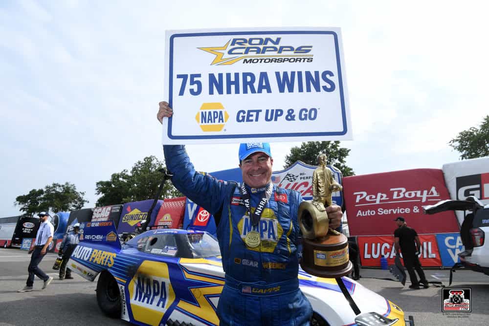 Ron Capps earned an emotional and milestone 75th career NHRA Camping World Drag Racing Series Funny Car victory at Brainerd.