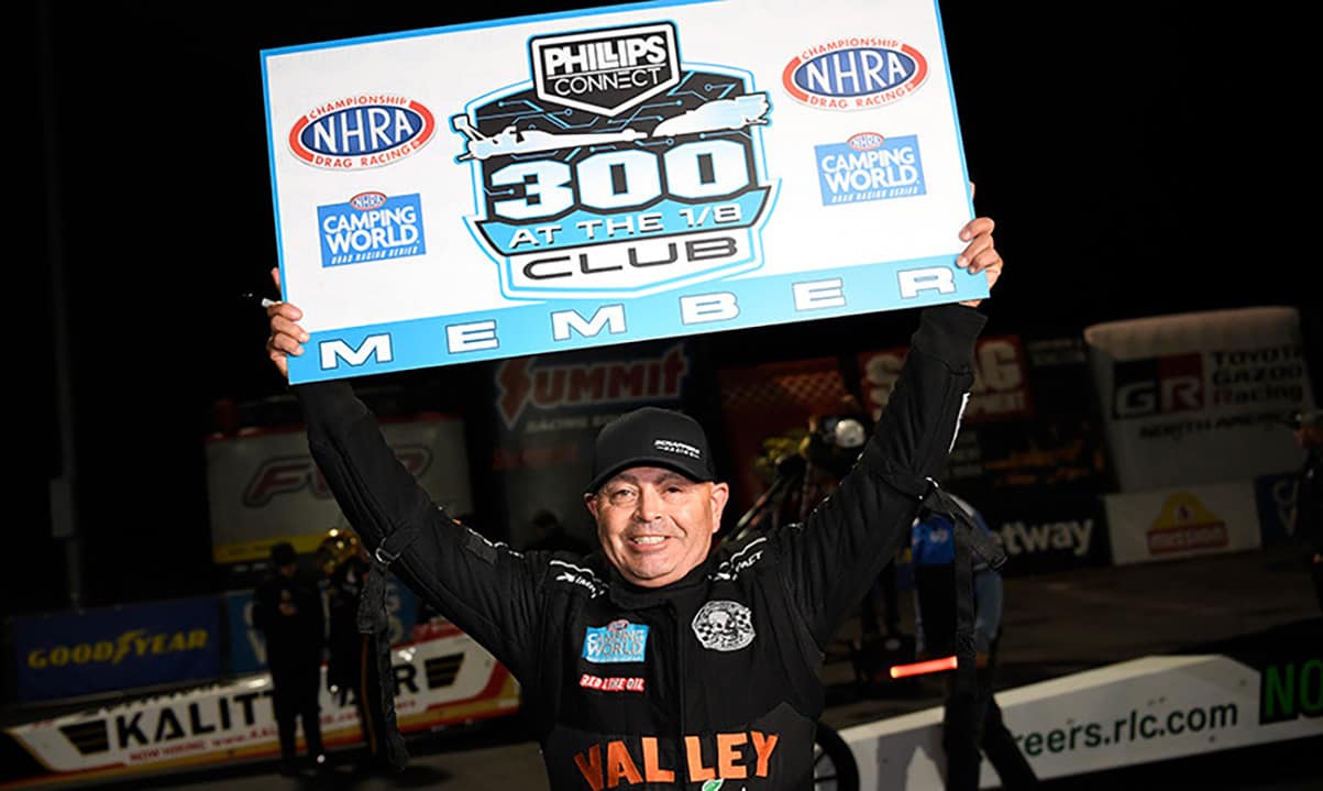 NHRA Top Fuel racer, Mike Salinas, hit 300 mph in 1/8-mile at the Carolina Nationals, marking the first time in NHRA history a driver has done so.