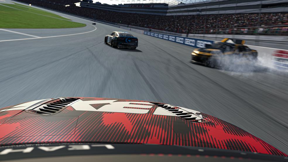 Keegan Leahy stole the victory in the eNASCAR Coca-Cola iRacing Series at the virtual Las Vegas Motor Speedway.