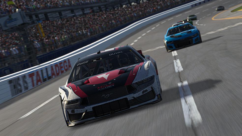 Dylan duval broke an eight-year winless streak by taking the checkered flag at talladega superspeedway in the enascar coca-cola iracing series.