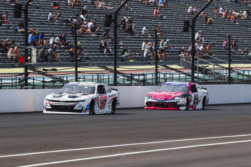 Conor daly got the full nascar experience as he was involved in a lap one wreck and got shipped into turn 4 late in the xfinity series race at indianapolis motor speedway.