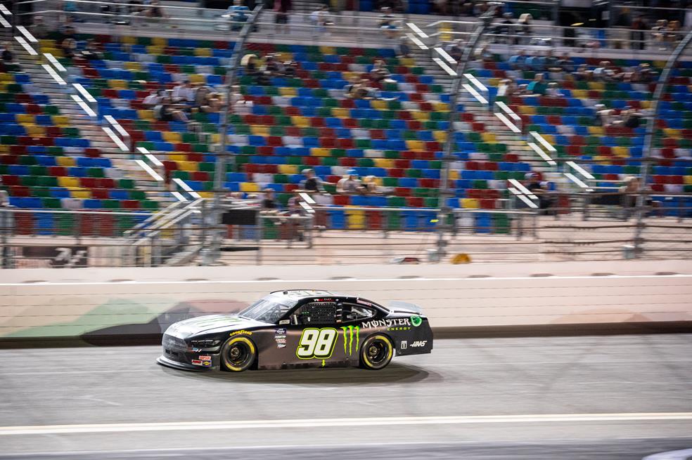 Riley herbst scored a top-five finish in the nascar xfinity series race at daytona international speedway despite contact with his teammate on pit road.