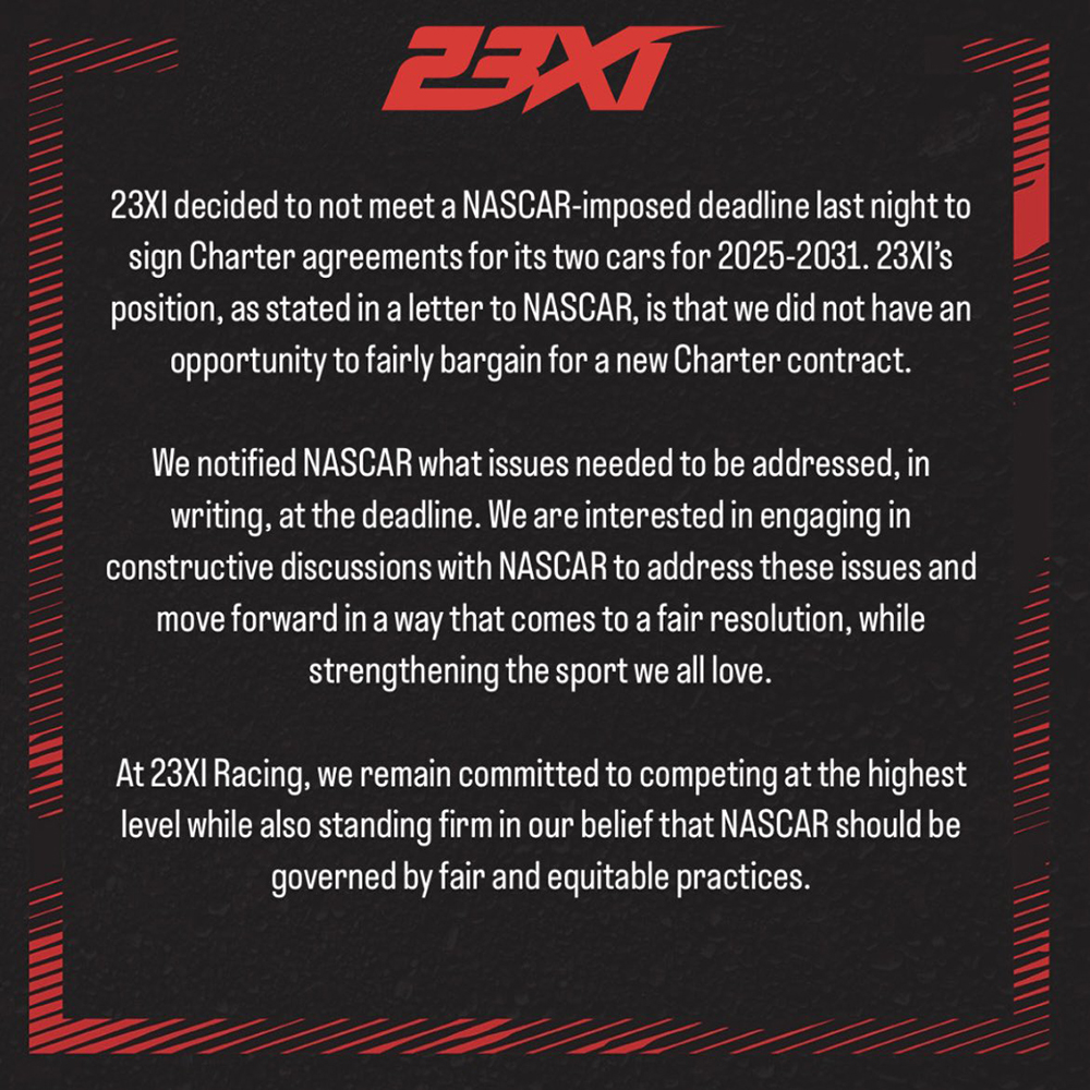 Statement from 23xi racing on decision to reject nascar's charter agreement.