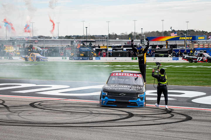 Kyle busch celebrates on the fronstretch at atlanta motor speedway. Photo by blake ulino/kickin' the tires