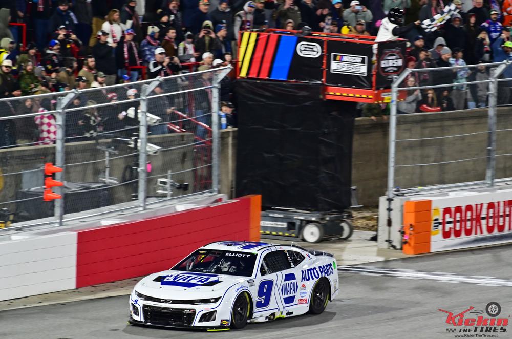 Chase elliott takes the checkered flag in the clash at bowman gray stadium. Photo by jerry jordan/kickin' the tires