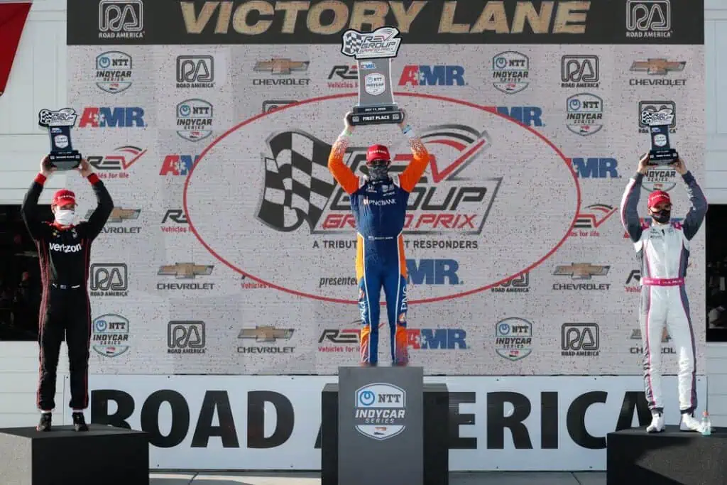 Scott dixon will power and alex palou on the podium for the rev group grand prix race 1 at road america saturday july 11 2020 ref image without watermark m32862